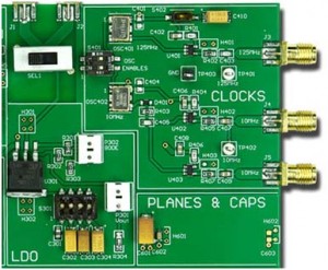 Figure 2 A section of the Picotest VRTS3 training board include an LDO (U301), bulk capacitors (C301-C304), a decoupling capacitor (C402) and a 125MHz clock (OSC401).  The connections are made by PCB traces.