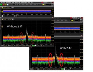 Figure 5 The clock spectrum shows strong sidebands at 7MHz without the series resistor switched n and these sidebands are eliminated when the series resistor is switched in.